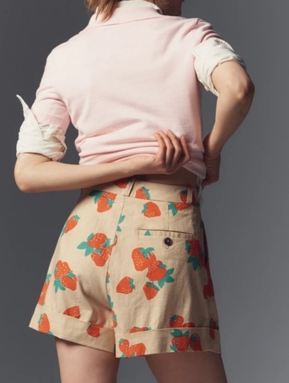 Anthropologie Maeve Avery Strawberry Print Cuffed Trouser Short Linen Blend 12 - Picture 4 of 9